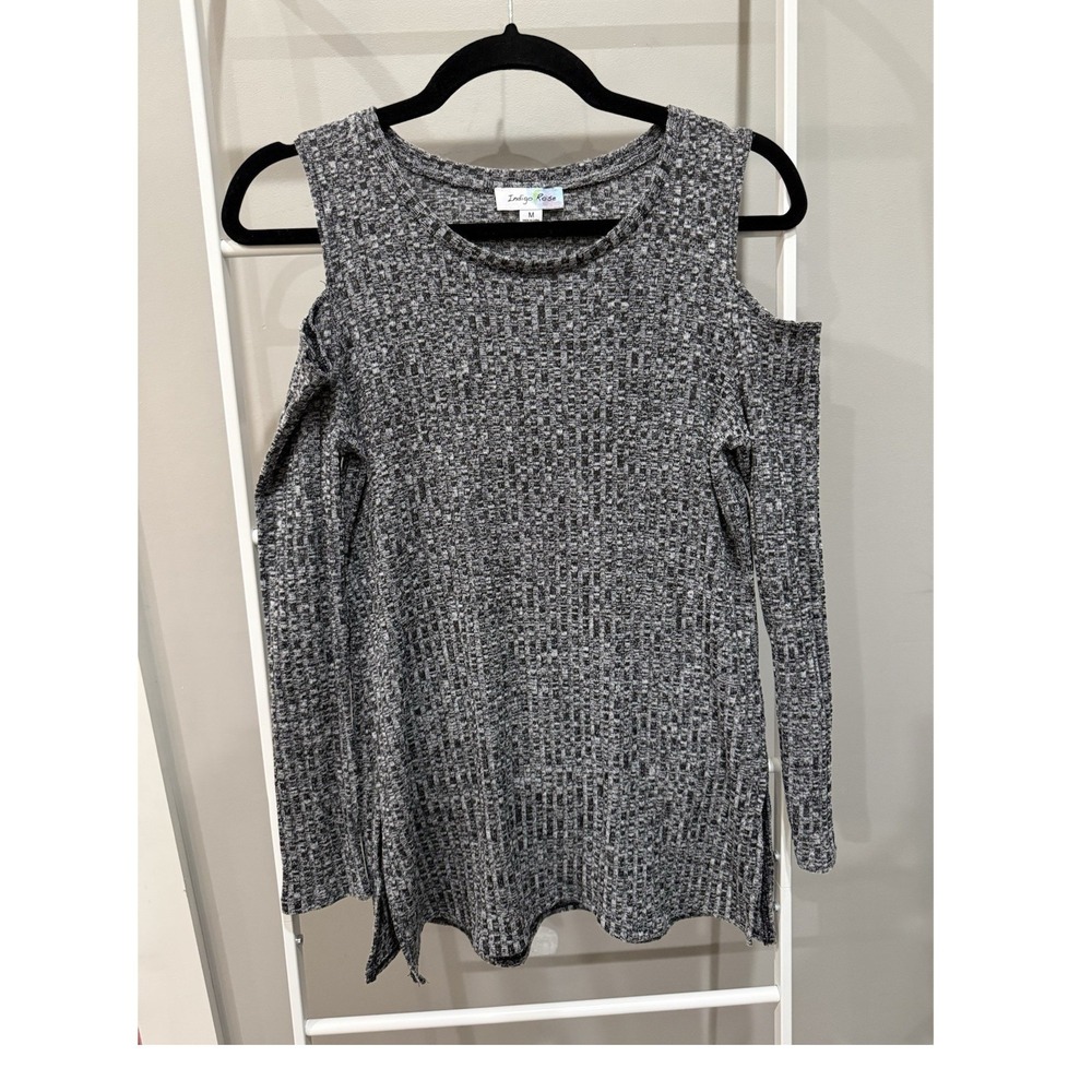 Indigo Rose Cold Shoulder Knit Pullover Sweater Geometric Gray M Long Sleeve Y2K